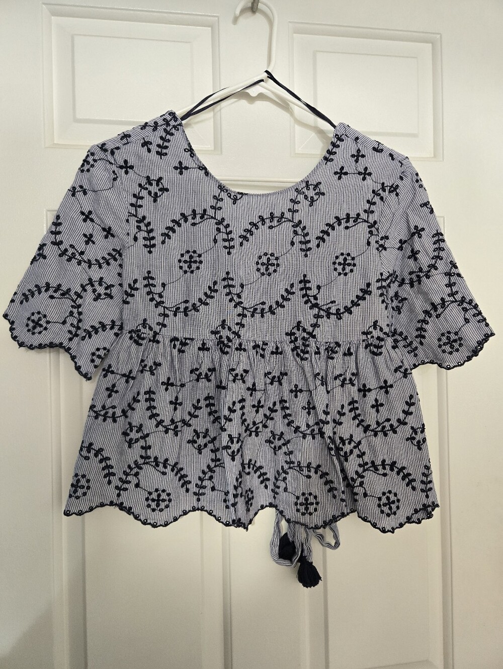 Zara TRF Blue & White Embroidered Cropped Blouse